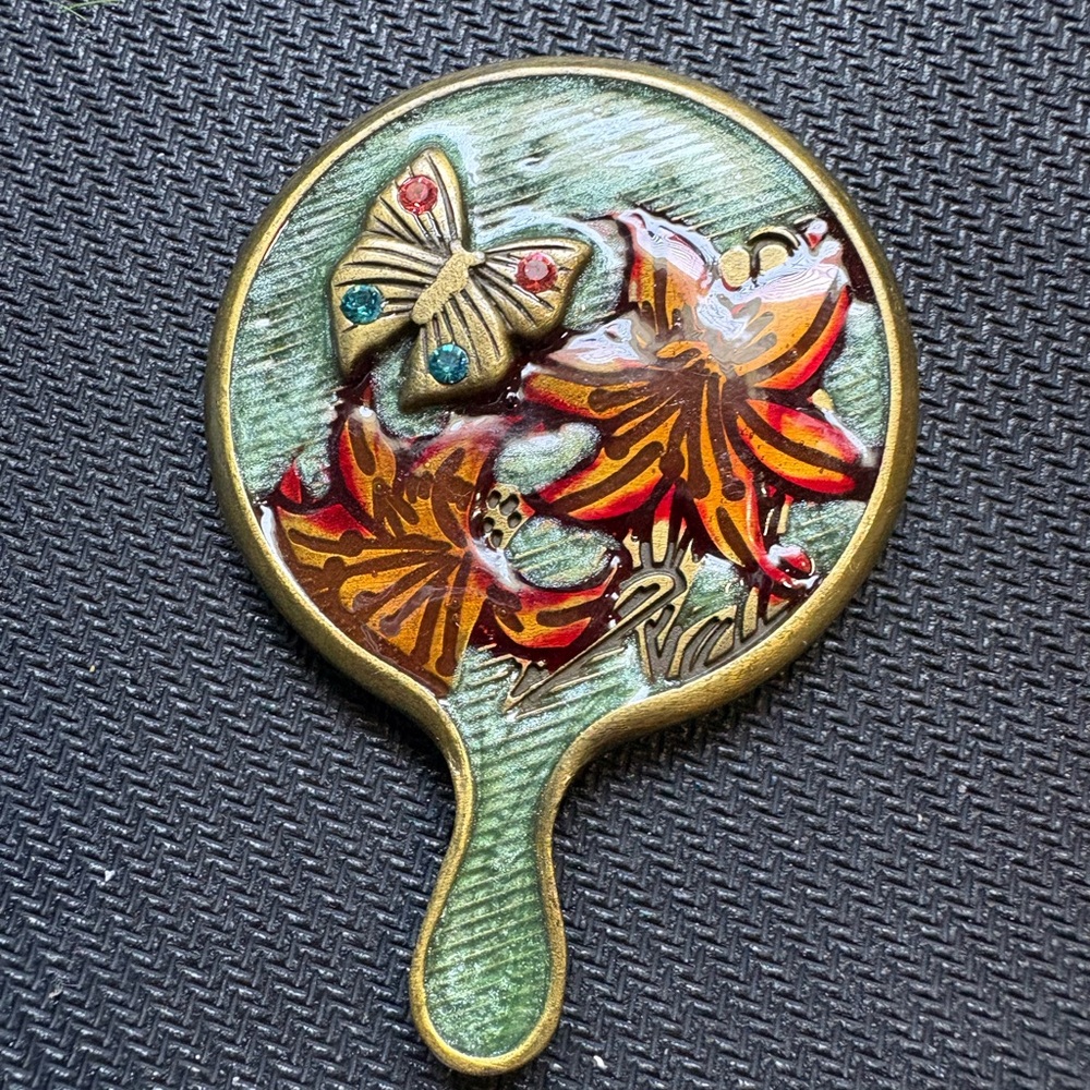 Vintage Jay Strongwater Miniature Mirror - Butterfly Flower Enamel Purse Mirror
